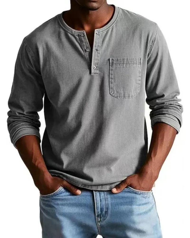 Denim Shirt Heren | Henley Halslijn & Praktische Borstzak