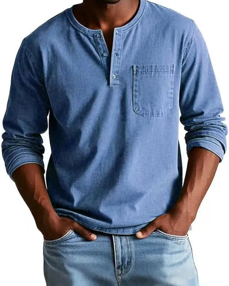 Denim Shirt Heren | Henley Halslijn & Praktische Borstzak