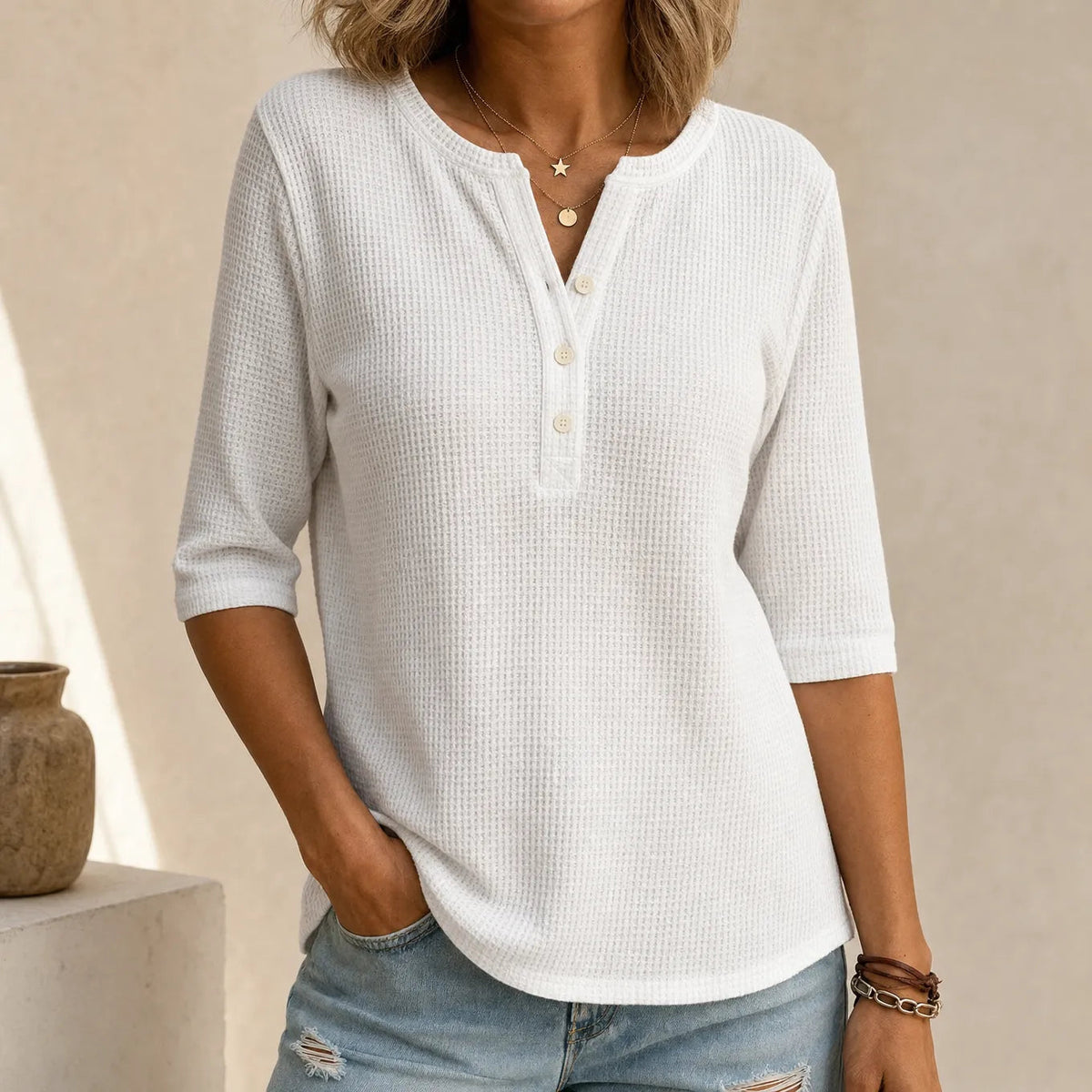 Loravia – Waffle Knit-look Henley Top met Knopenlijst, 3/4 Mouw