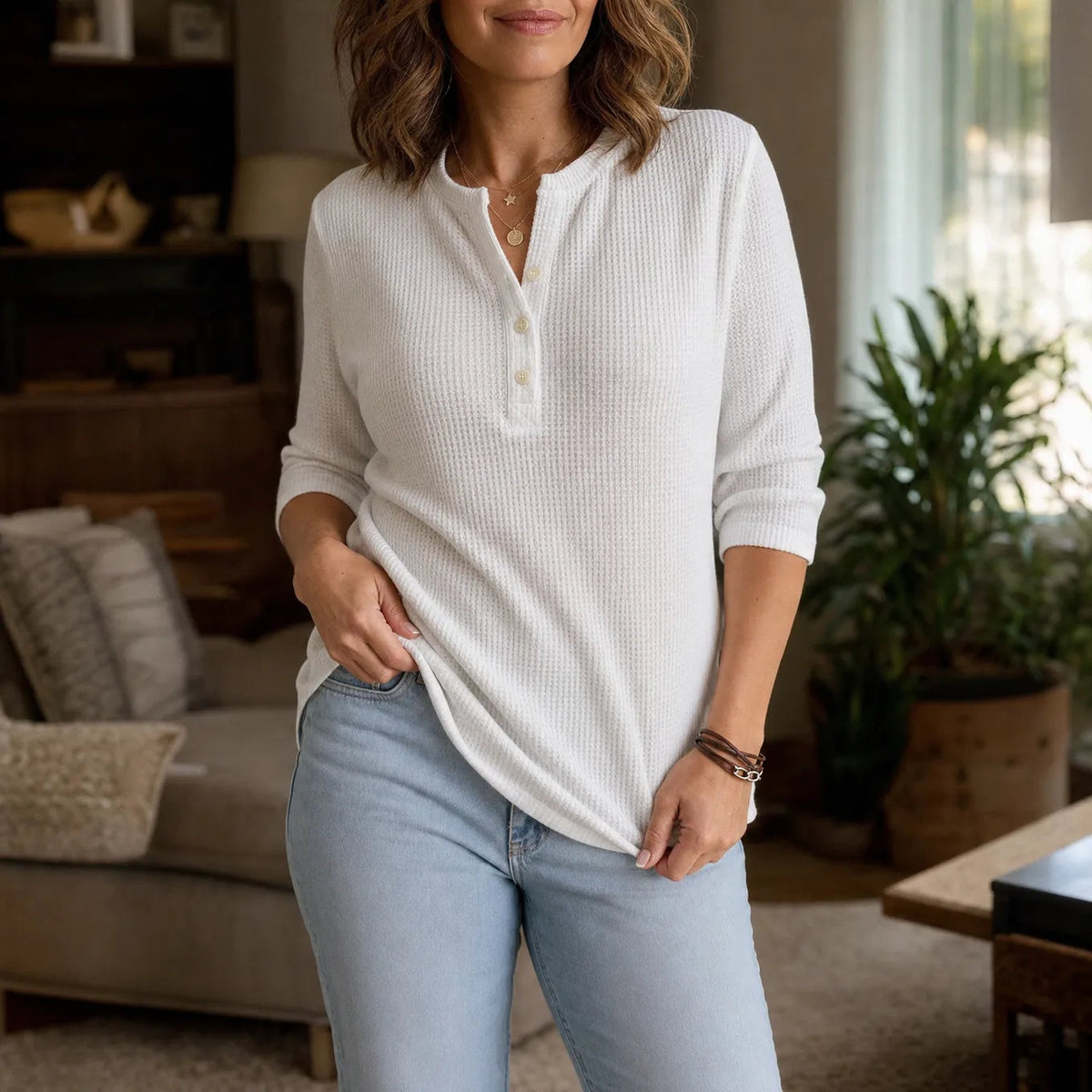 Loravia – Waffle Knit-look Henley Top met Knopenlijst, 3/4 Mouw
