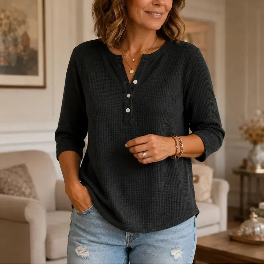 Loravia – Waffle Knit-look Henley Top met Knopenlijst, 3/4 Mouw