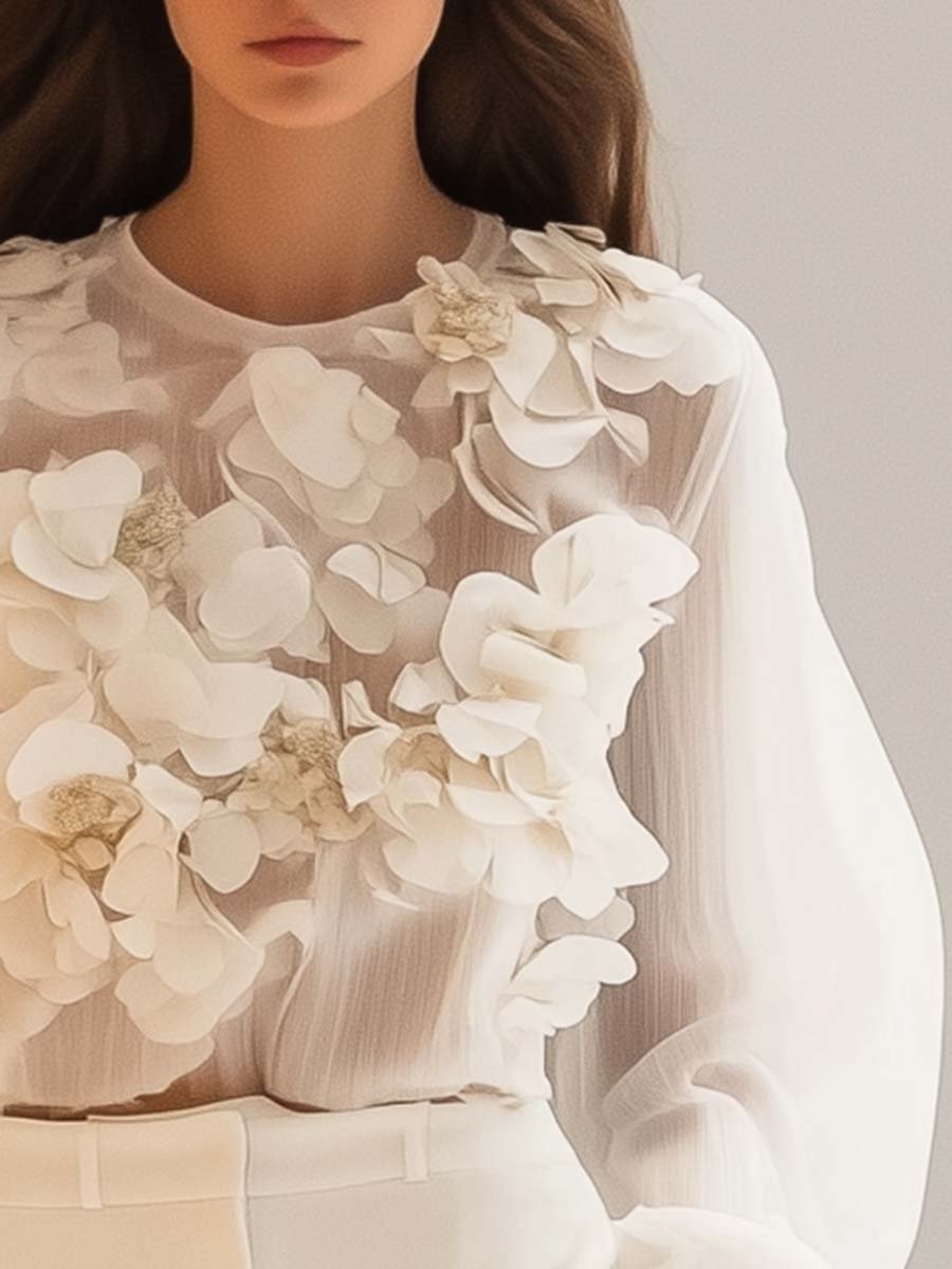 Lange Mouwen Top Dames | Verfijnd 3D Bloemmotief & Elegante Uitstraling