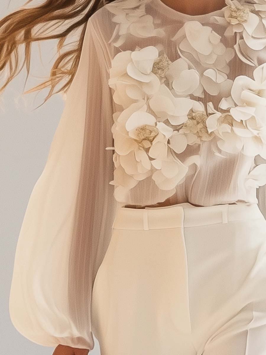 Lange Mouwen Top Dames | Verfijnd 3D Bloemmotief & Elegante Uitstraling
