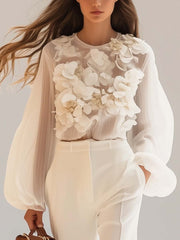 Lange Mouwen Top Dames | Verfijnd 3D Bloemmotief & Elegante Uitstraling