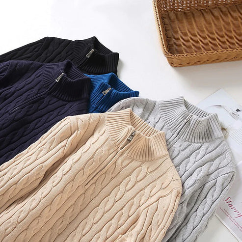 Kabelgebreide Half-Zip Trui Heren Hoge Kraag
