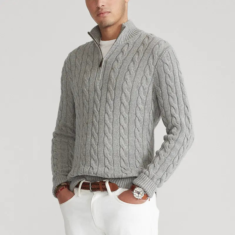 Kabelgebreide Half-Zip Trui Heren Hoge Kraag