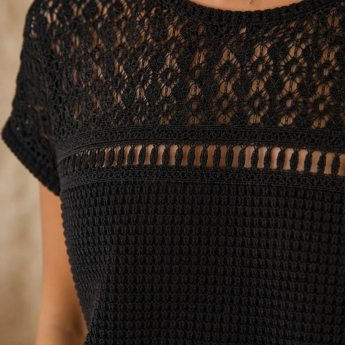 Wearbella – Open Gebreide Korte Mouwen Top, Wafeltextuur Lente Zomer Blouse voor Vrouwen