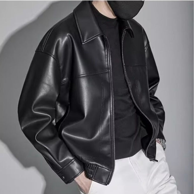 Leren Jas Heren Slim Fit Ritssluiting Rechte Kraag