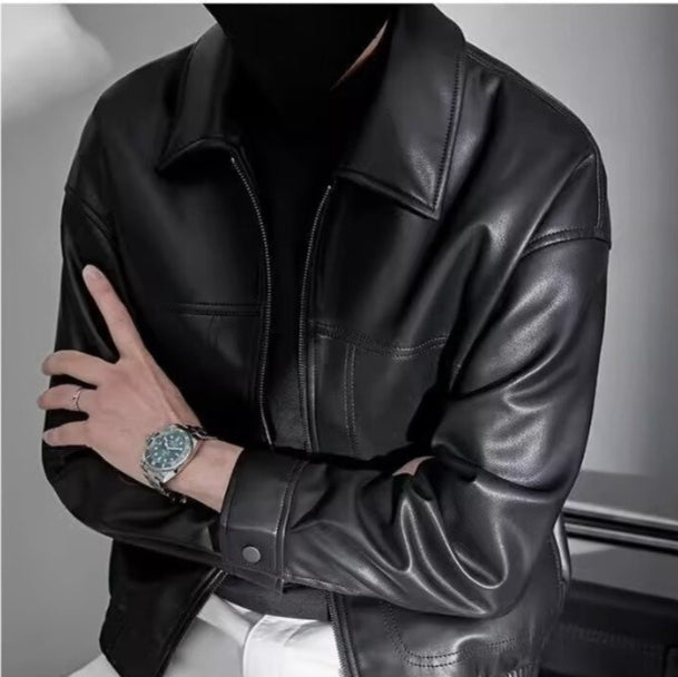 Leren Jas Heren Slim Fit Ritssluiting Rechte Kraag