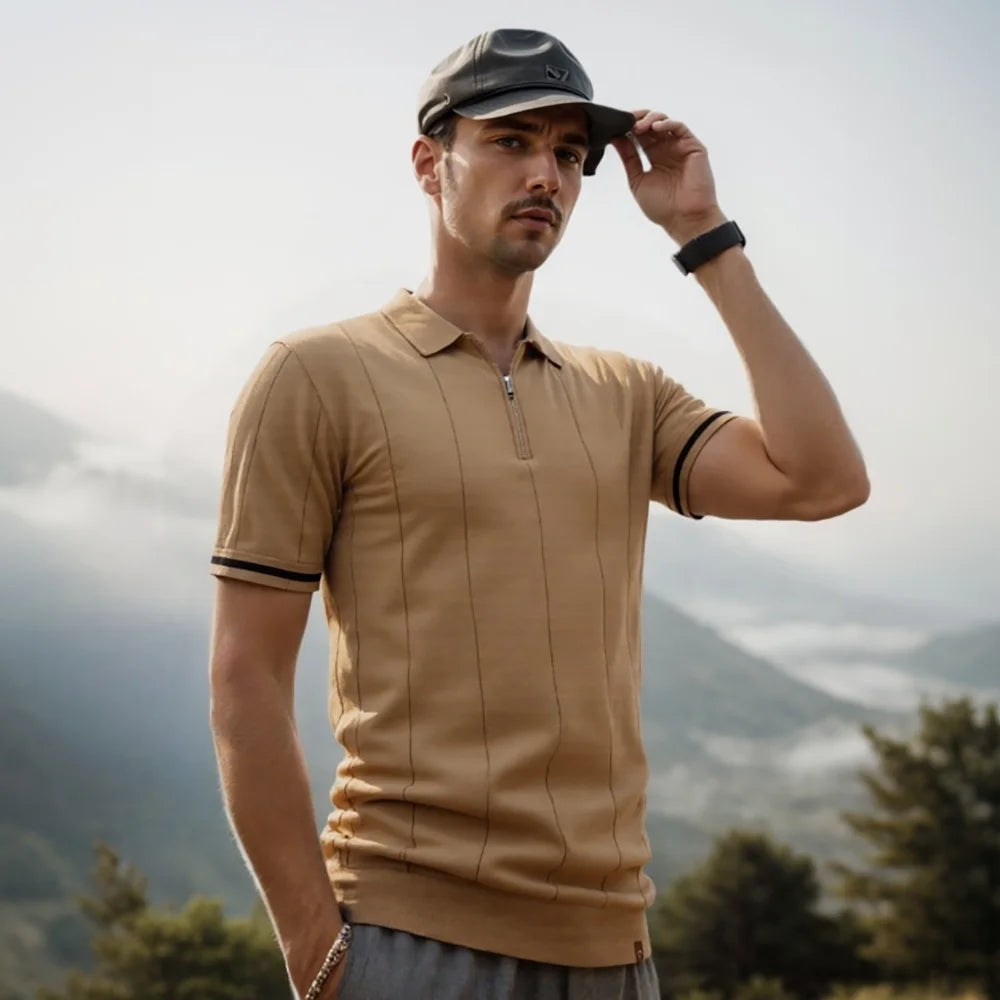 Polo Shirt Heren | Gebreid met Ritssluiting & Verticale Lijnen