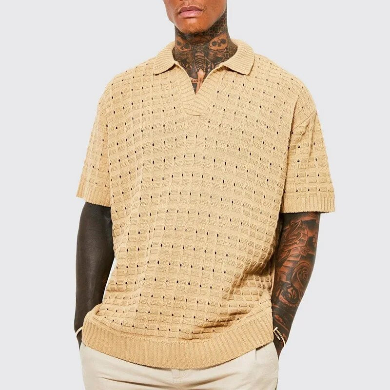 Poloshirt Heren | Gebreid Open-Knit Texture & V-hals Kraag