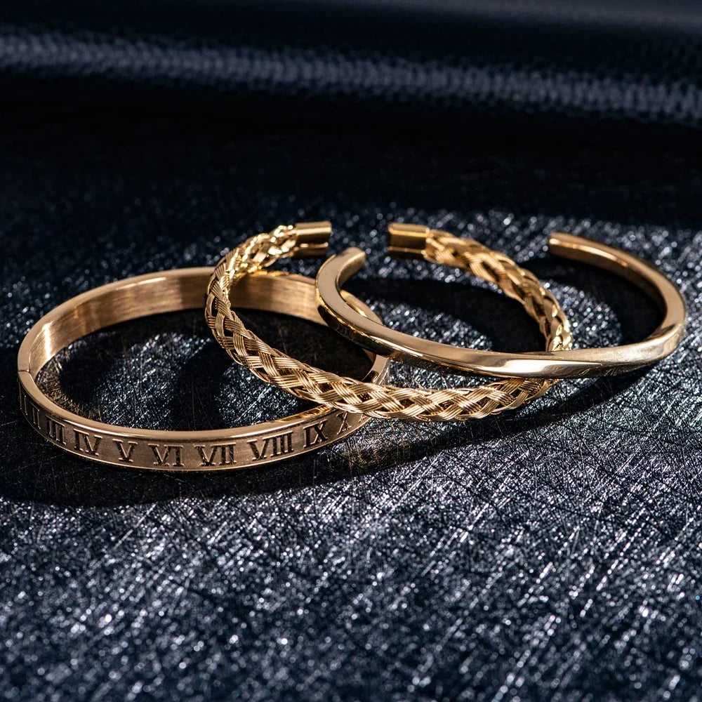 Romeinse Stalen Drie-stapel Armband Set