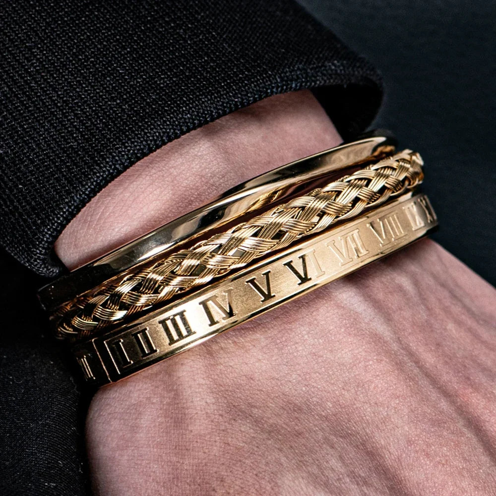 Romeinse Stalen Drie-stapel Armband Set