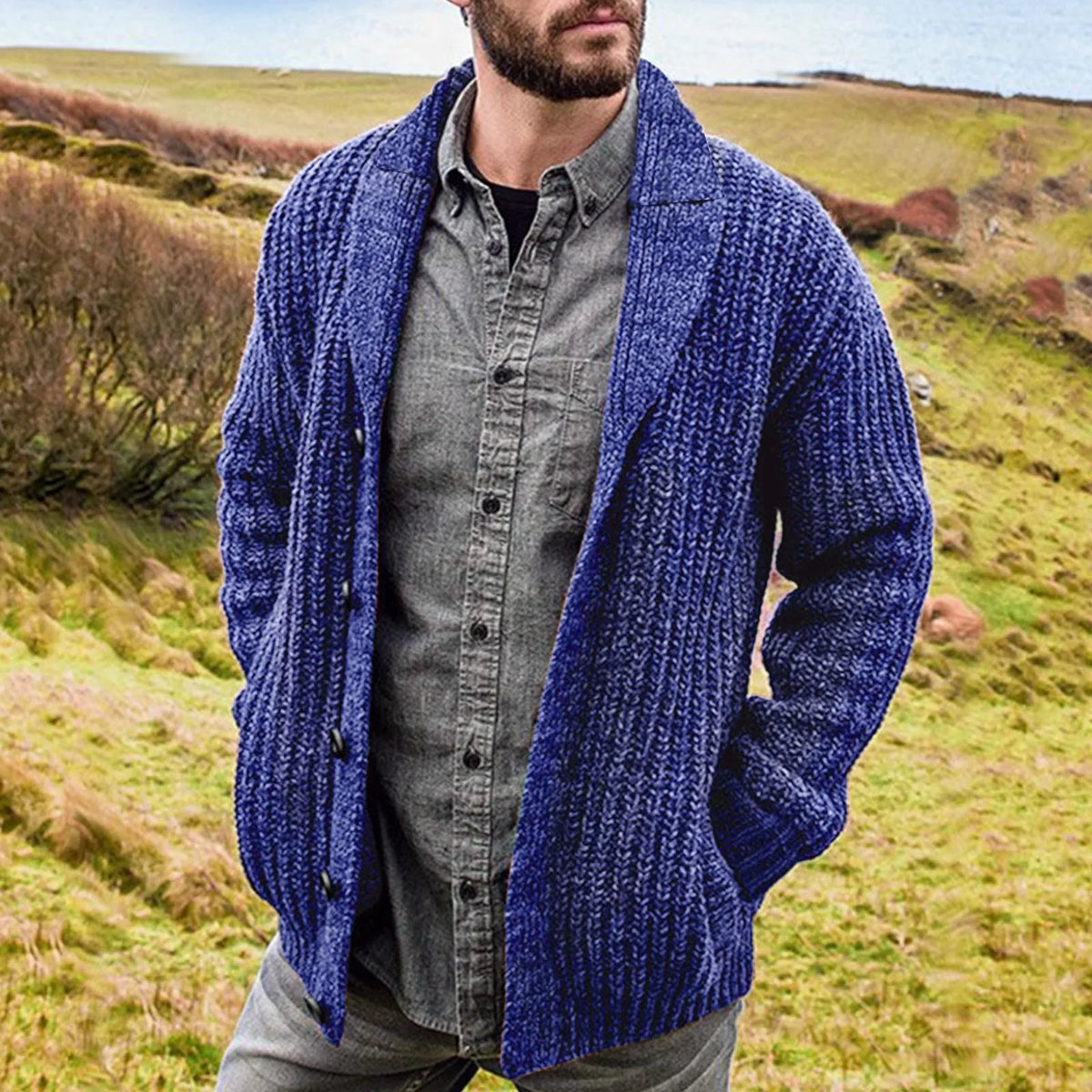 Heren Robuust Gebreid Cardigan Met Sjaalkraag En Knopen