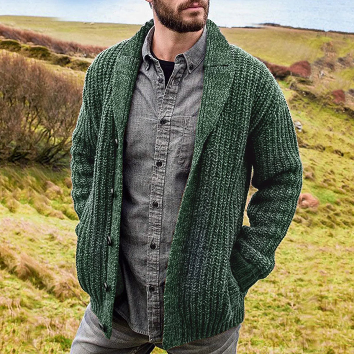 Heren Robuust Gebreid Cardigan Met Sjaalkraag En Knopen