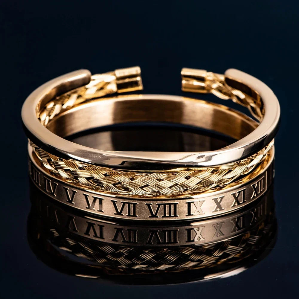 Romeinse Stalen Drie-stapel Armband Set