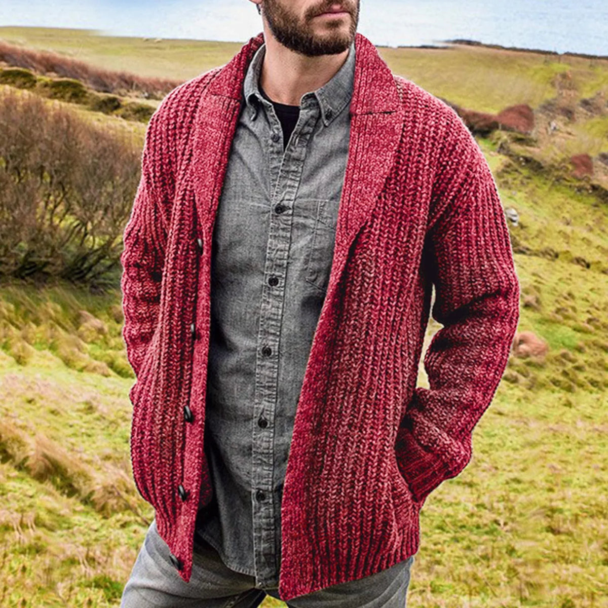 Heren Robuust Gebreid Cardigan Met Sjaalkraag En Knopen