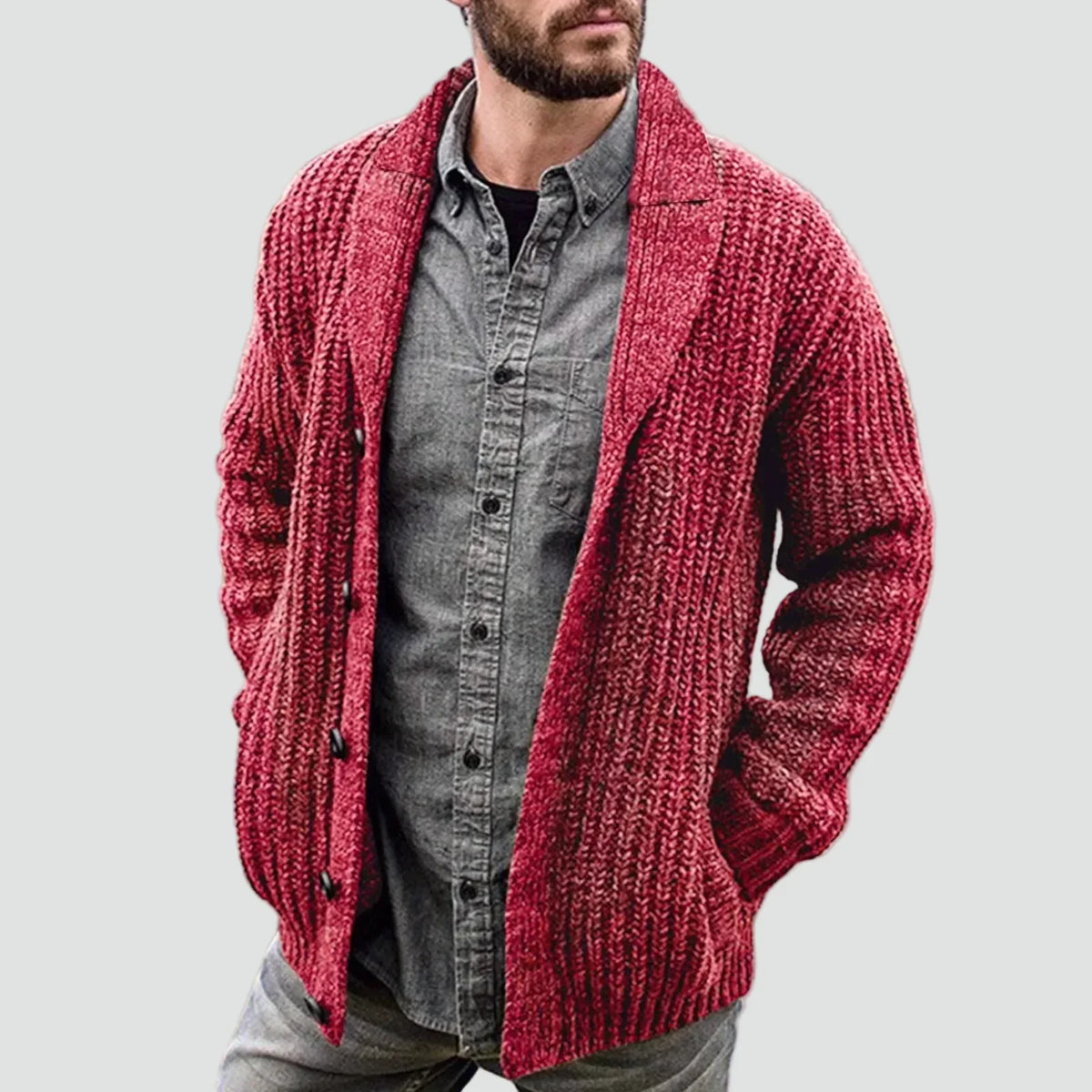 Heren Robuust Gebreid Cardigan Met Sjaalkraag En Knopen