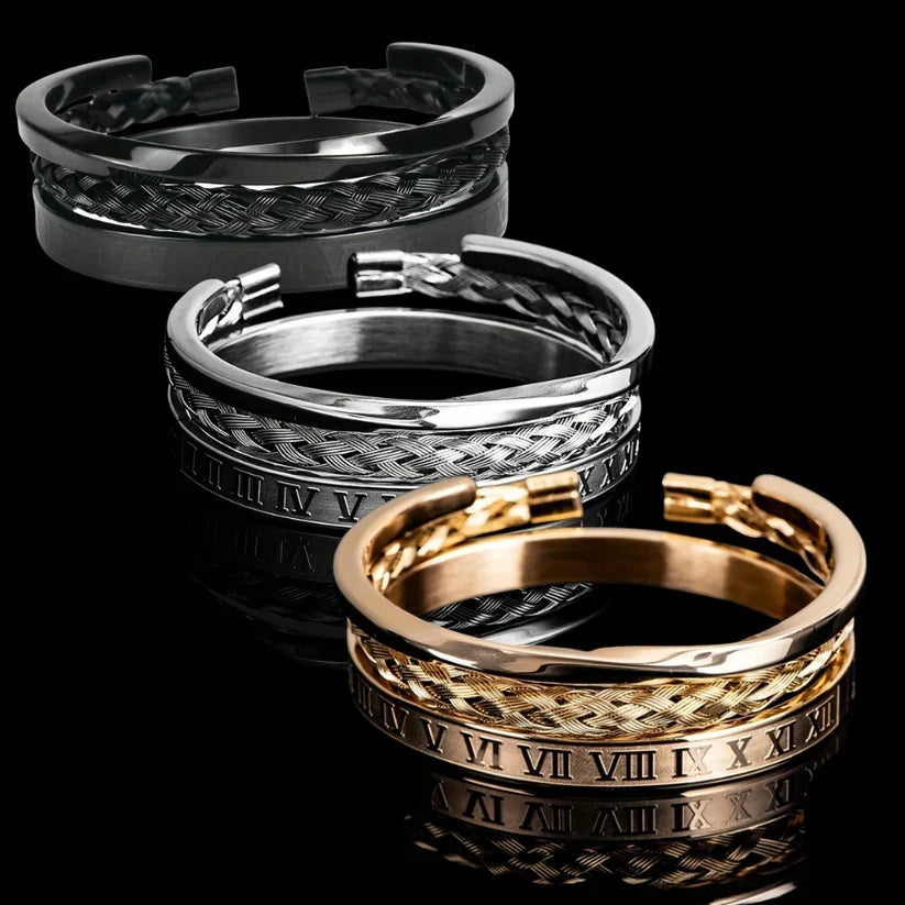 Romeinse Stalen Drie-stapel Armband Set