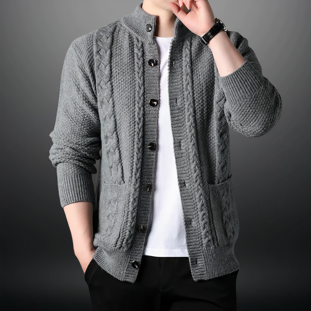 Heren Cardigan met Kabelpatroon en Hoge Kraag