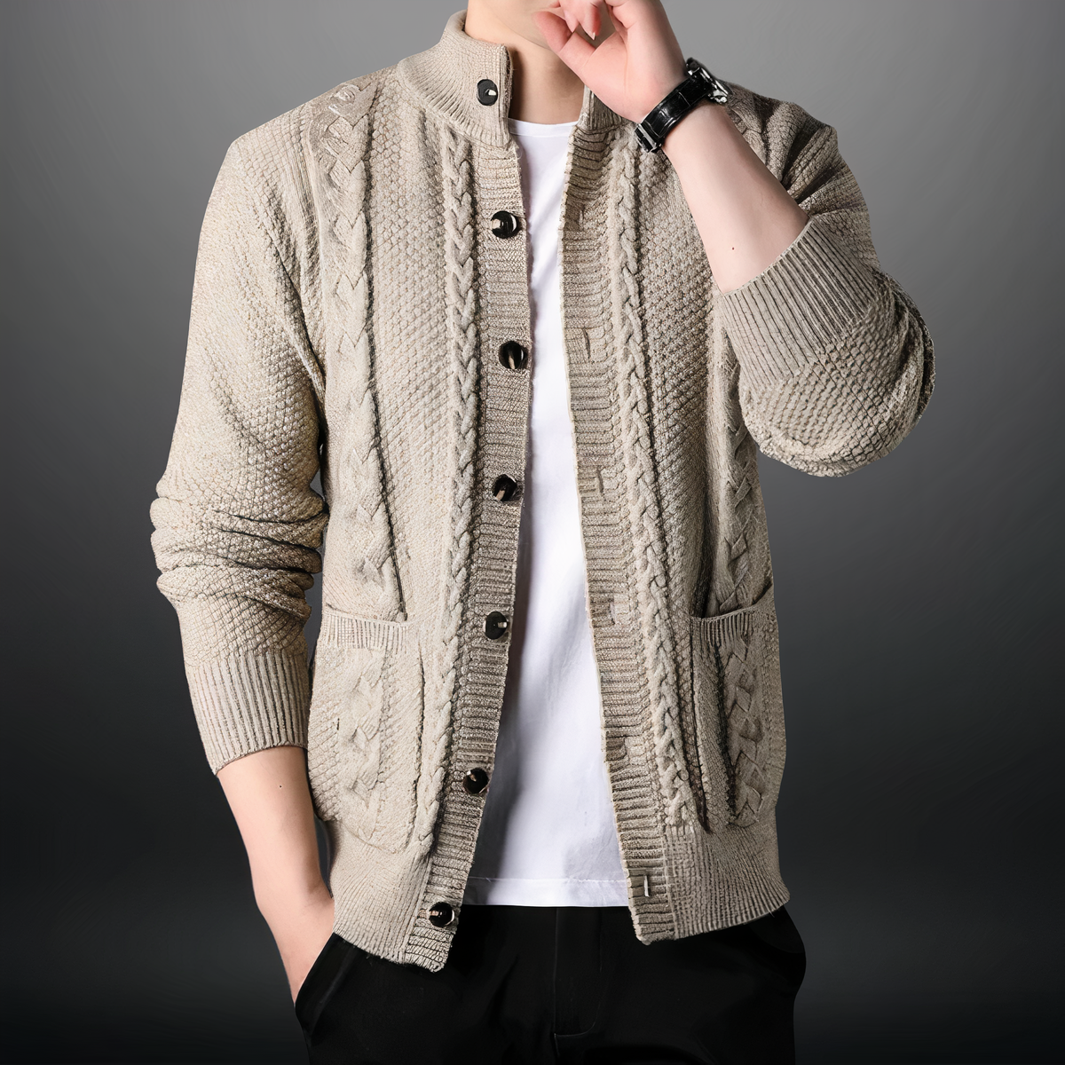 Heren Cardigan met Kabelpatroon en Hoge Kraag