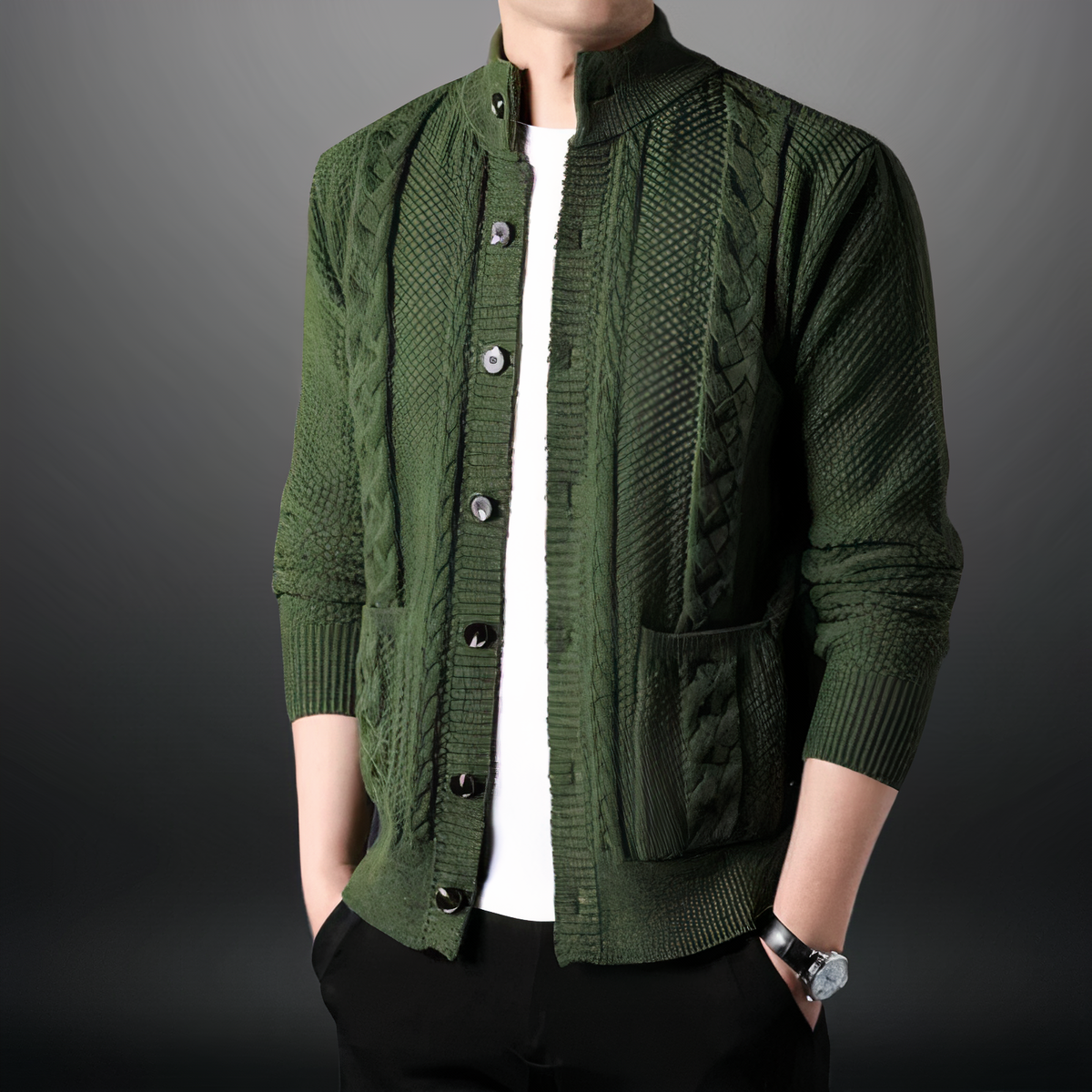 Heren Cardigan met Kabelpatroon en Hoge Kraag