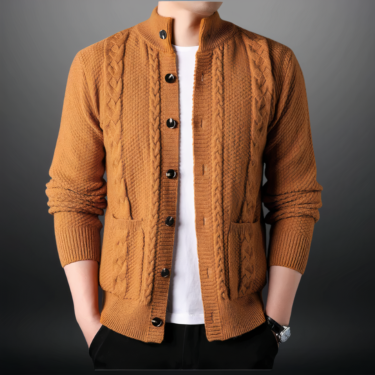 Heren Cardigan met Kabelpatroon en Hoge Kraag