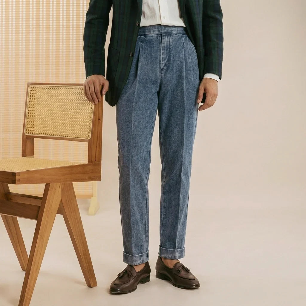 Lorenzo Geplooide Denim Broek
