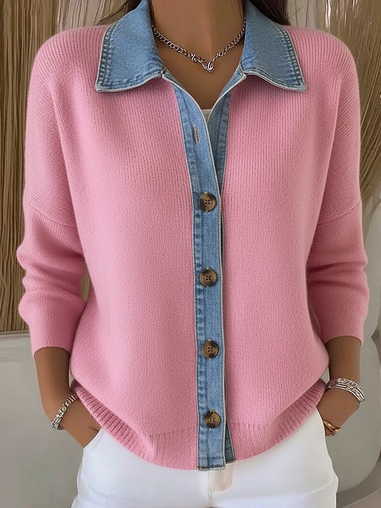 Gebreide Cardigan met Polo Kraag en Denim Patches, met Knopen
