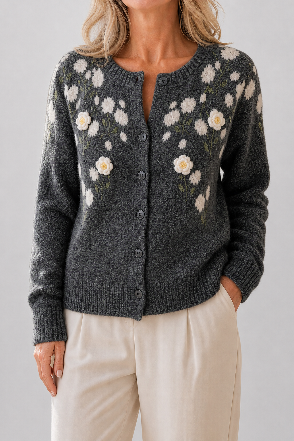 Meadowlin – Bloemige Gebreide Open-Front Cardigan