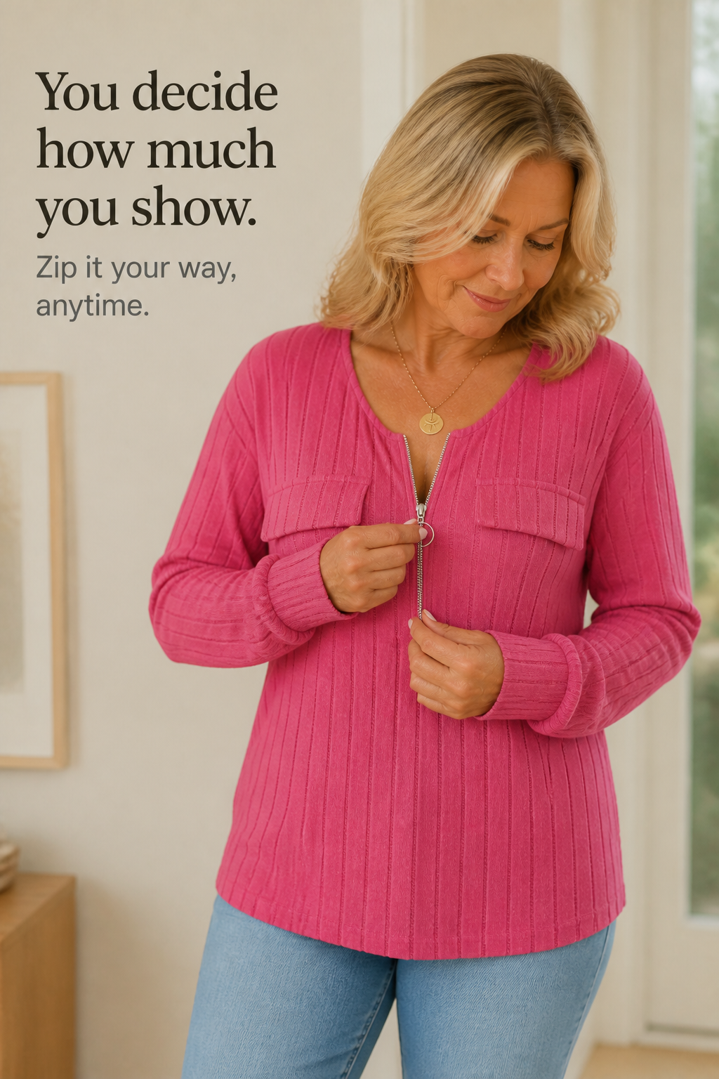 Veloura – Ribbels Adjustable Zip-Neck Knit Top