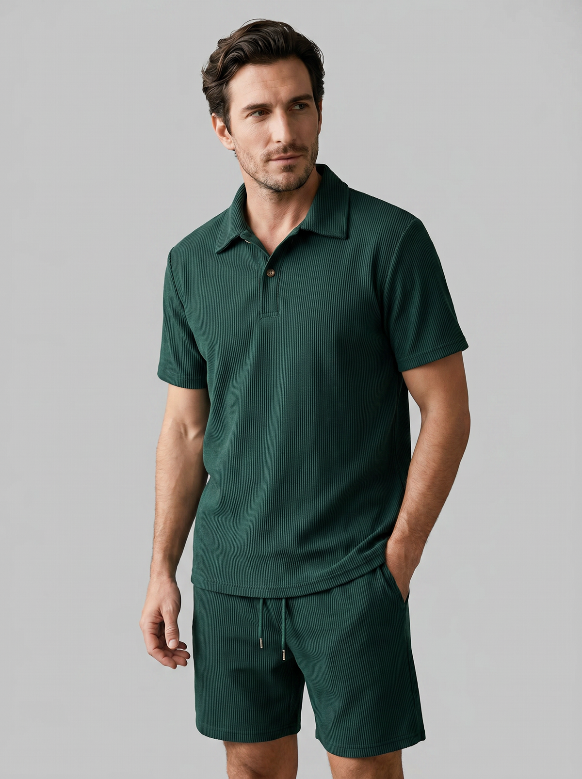 Corduroy Poloshirt en Shorts Set Heren Slim Fit