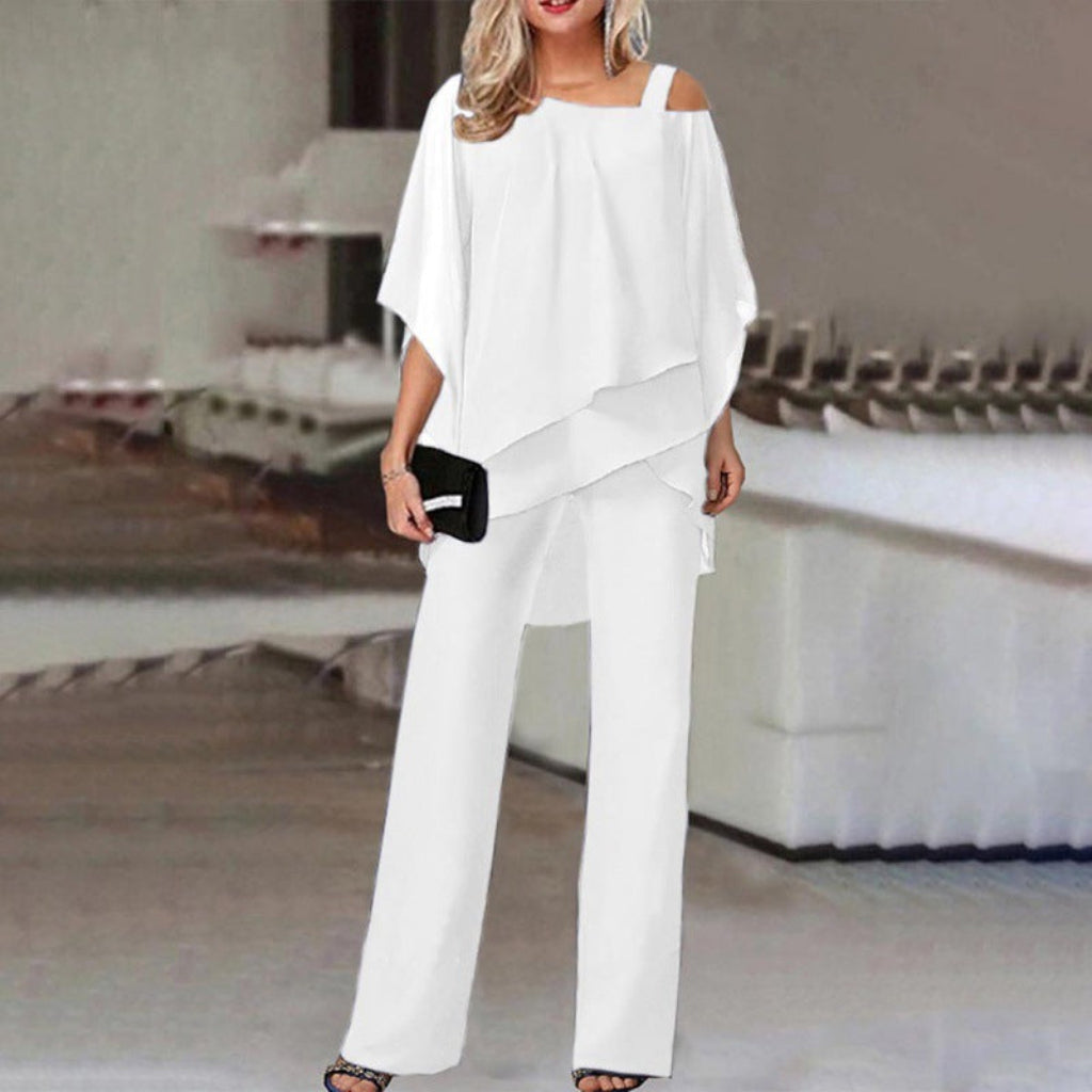 Elegante Tweedelige Damespakset Met Top Met Vleermuismouwen en Rechte Broek