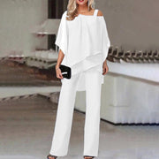 Elegante Tweedelige Damespakset Met Top Met Vleermuismouwen en Rechte Broek