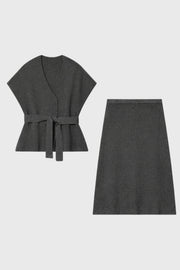 Dames Set Vest Midi Rok Strikceintuur Casual Semi-Formeel