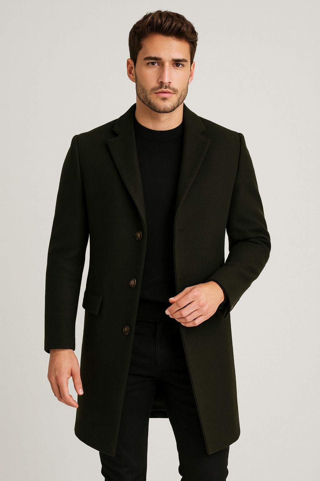 Elegante Lange Heren Manteljas met Klassieke Kraag en Knoopsluiting