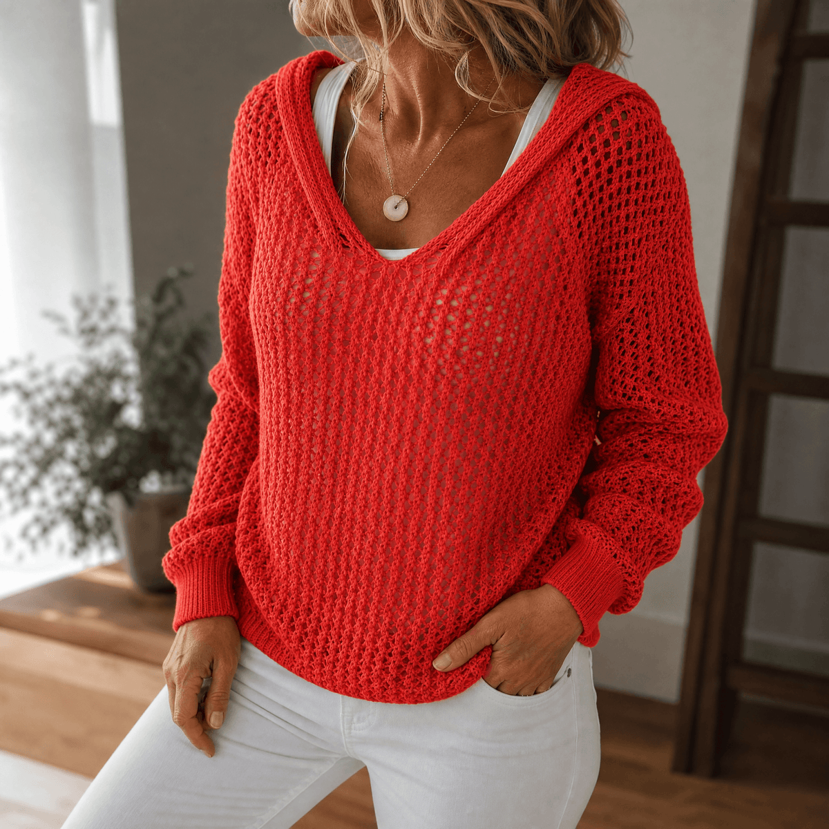 Delyne – Dames Open-Knit Hooded Pullover