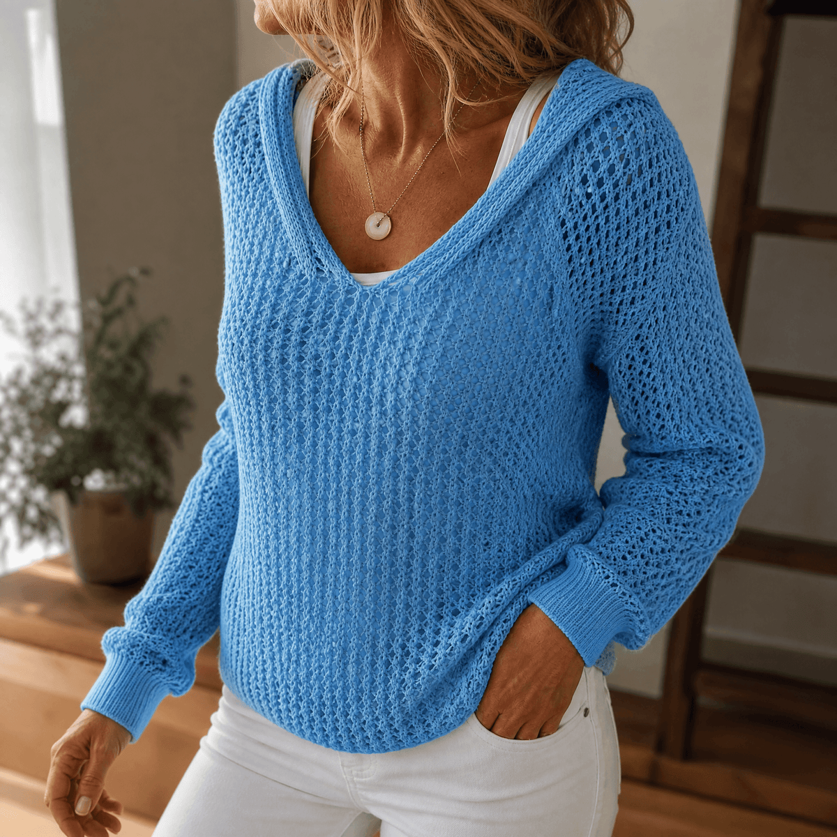 Delyne – Dames Open-Knit Hooded Pullover
