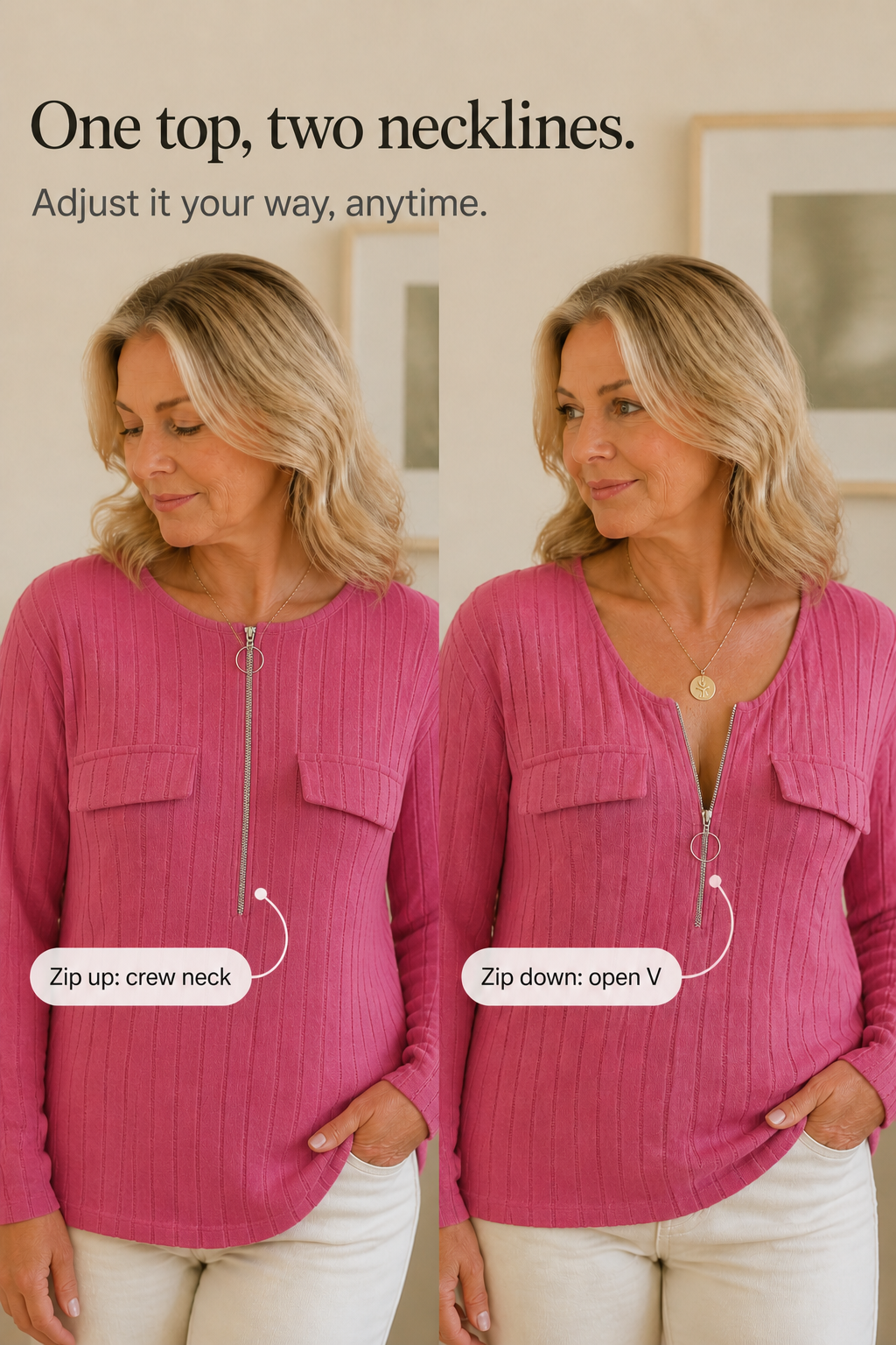 Veloura – Ribbels Adjustable Zip-Neck Knit Top