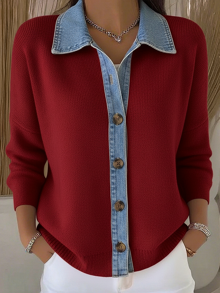 Gebreide Cardigan met Polo Kraag en Denim Patches, met Knopen