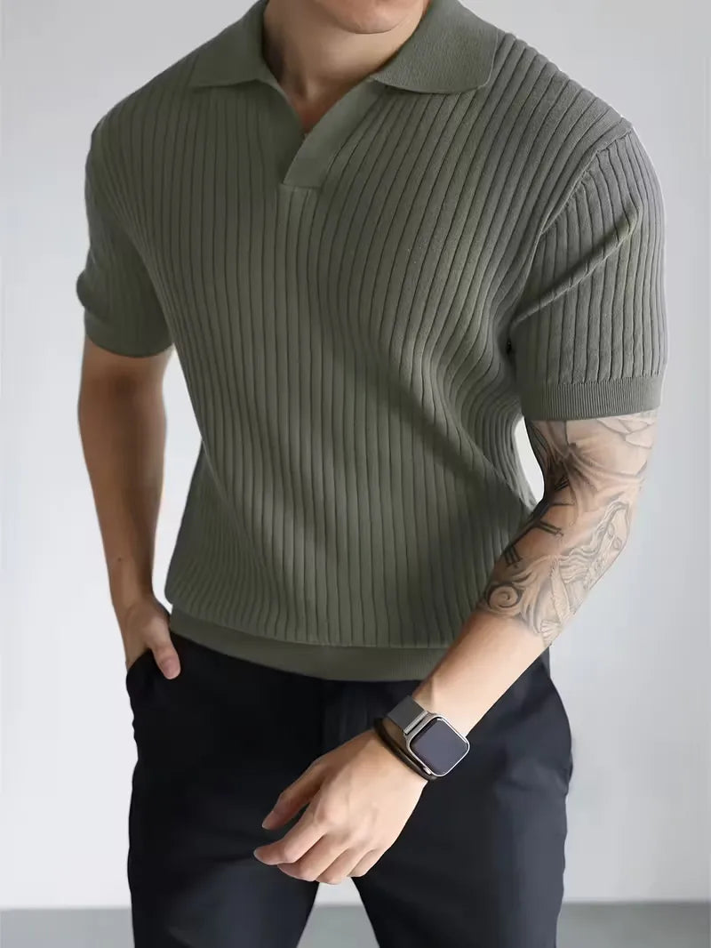 Polo met V-neck en ribbed texture