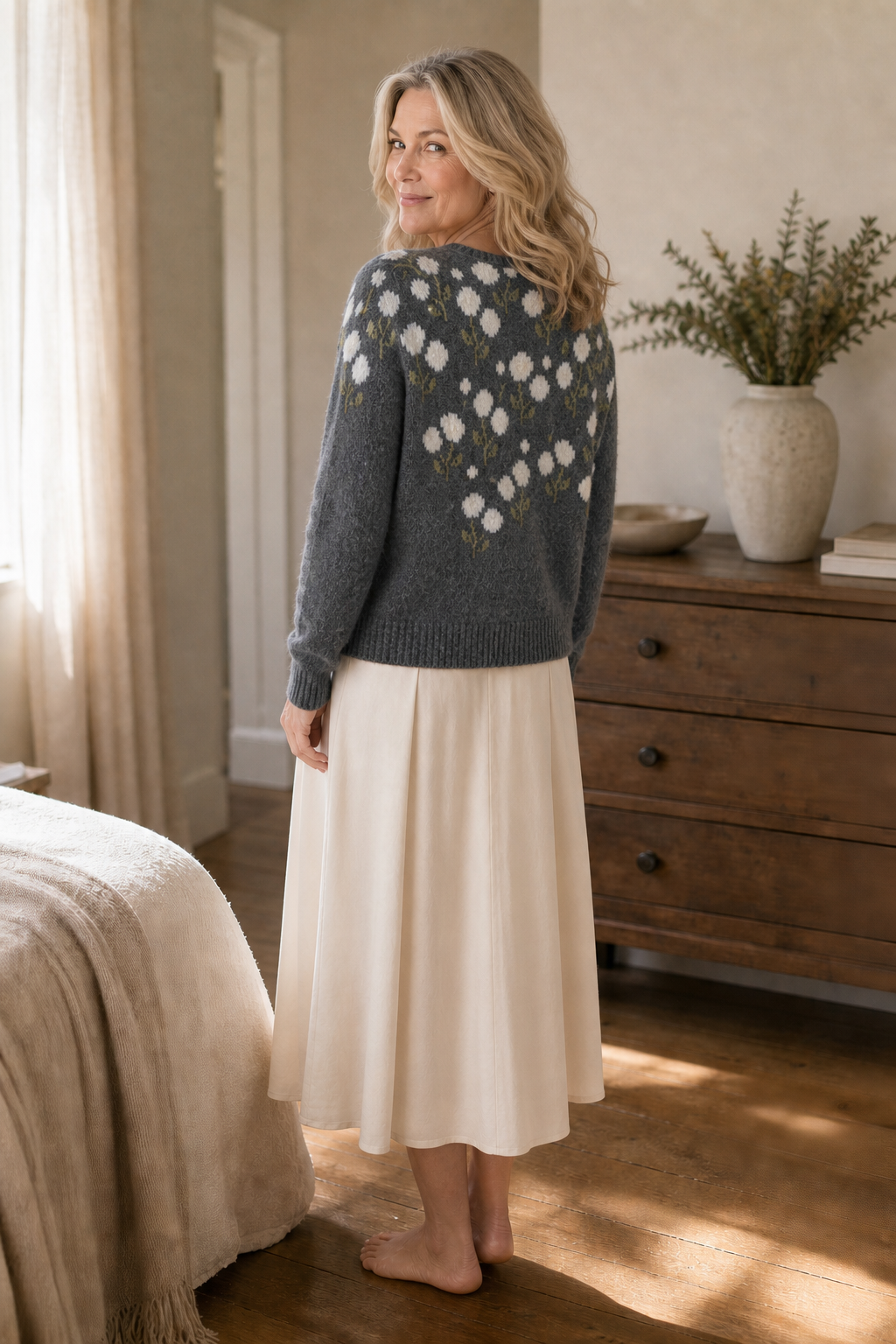 Meadowlin – Bloemige Gebreide Open-Front Cardigan
