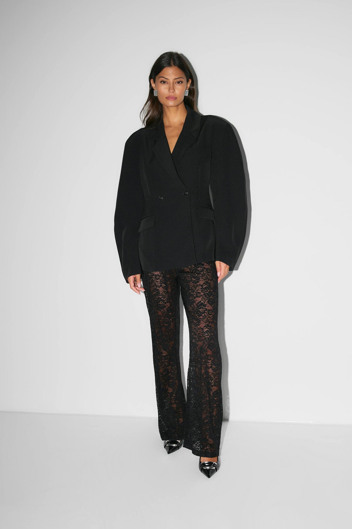 Flared Broek Dames Kanten Bloemenpatroon Elastische Taille