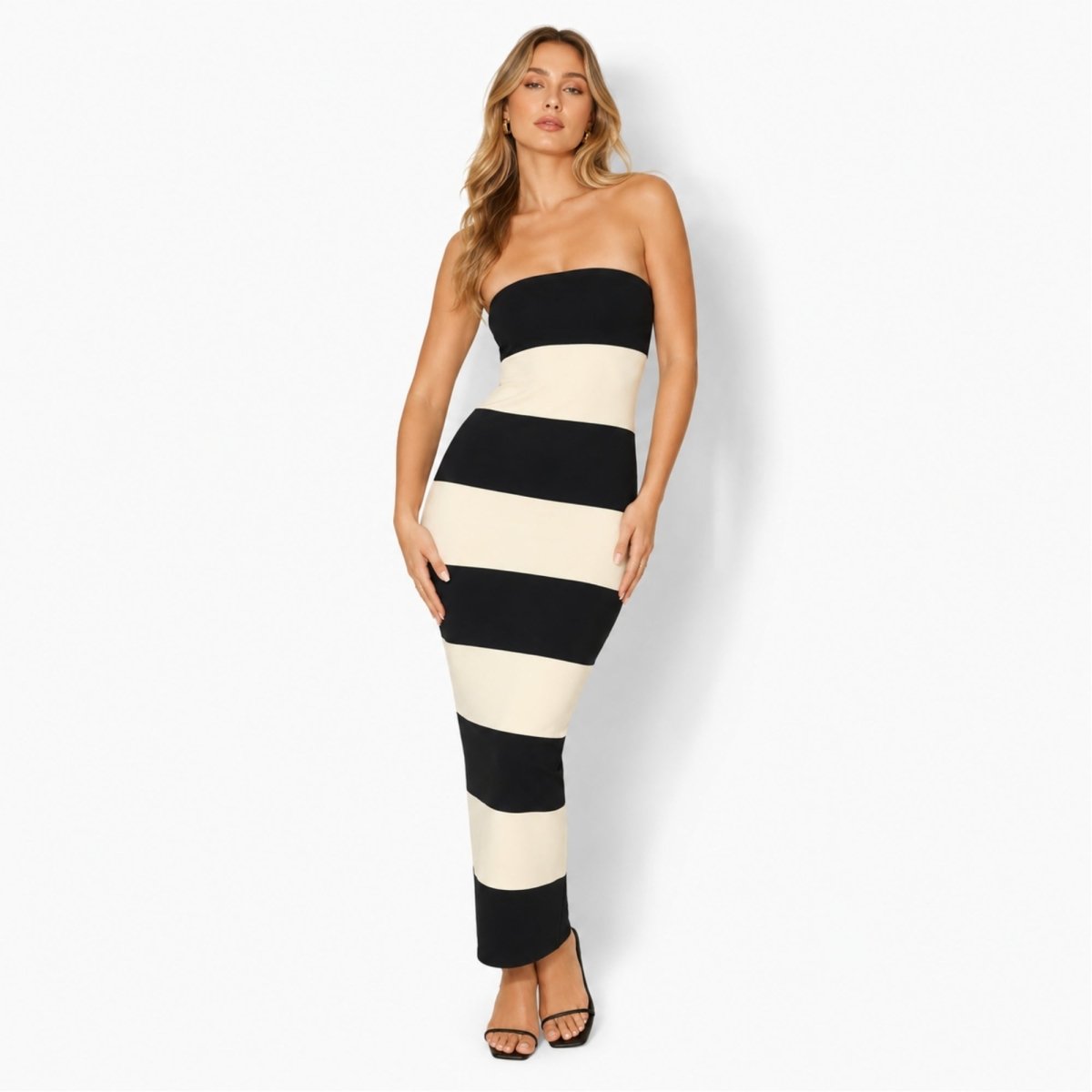 Gestreepte Maxi Jurk Dames Strapless Zwart Crème