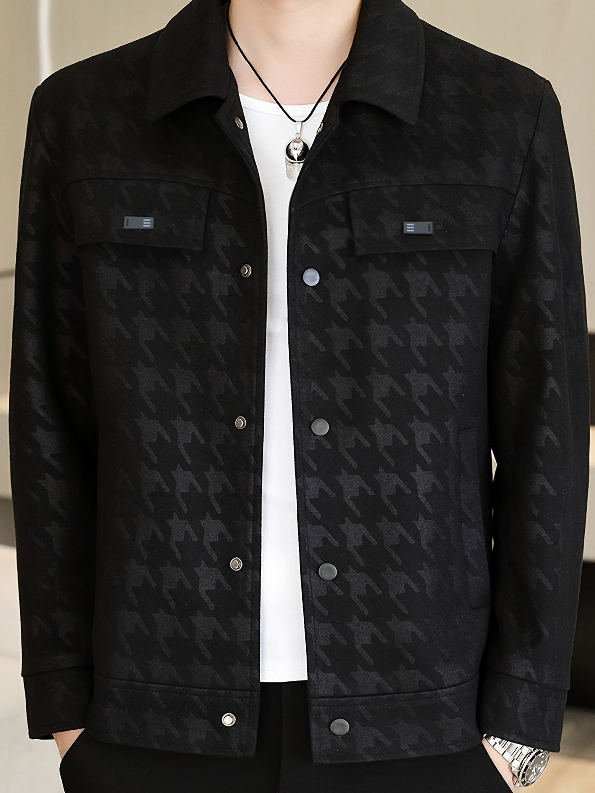 Heren jas met pied-de-poule patroon en fleece voering