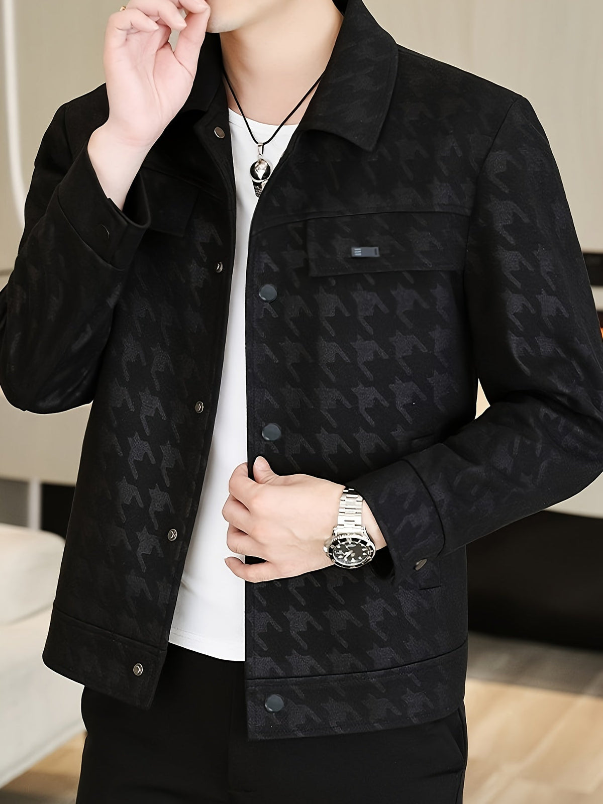 Heren jas met pied-de-poule patroon en fleece voering