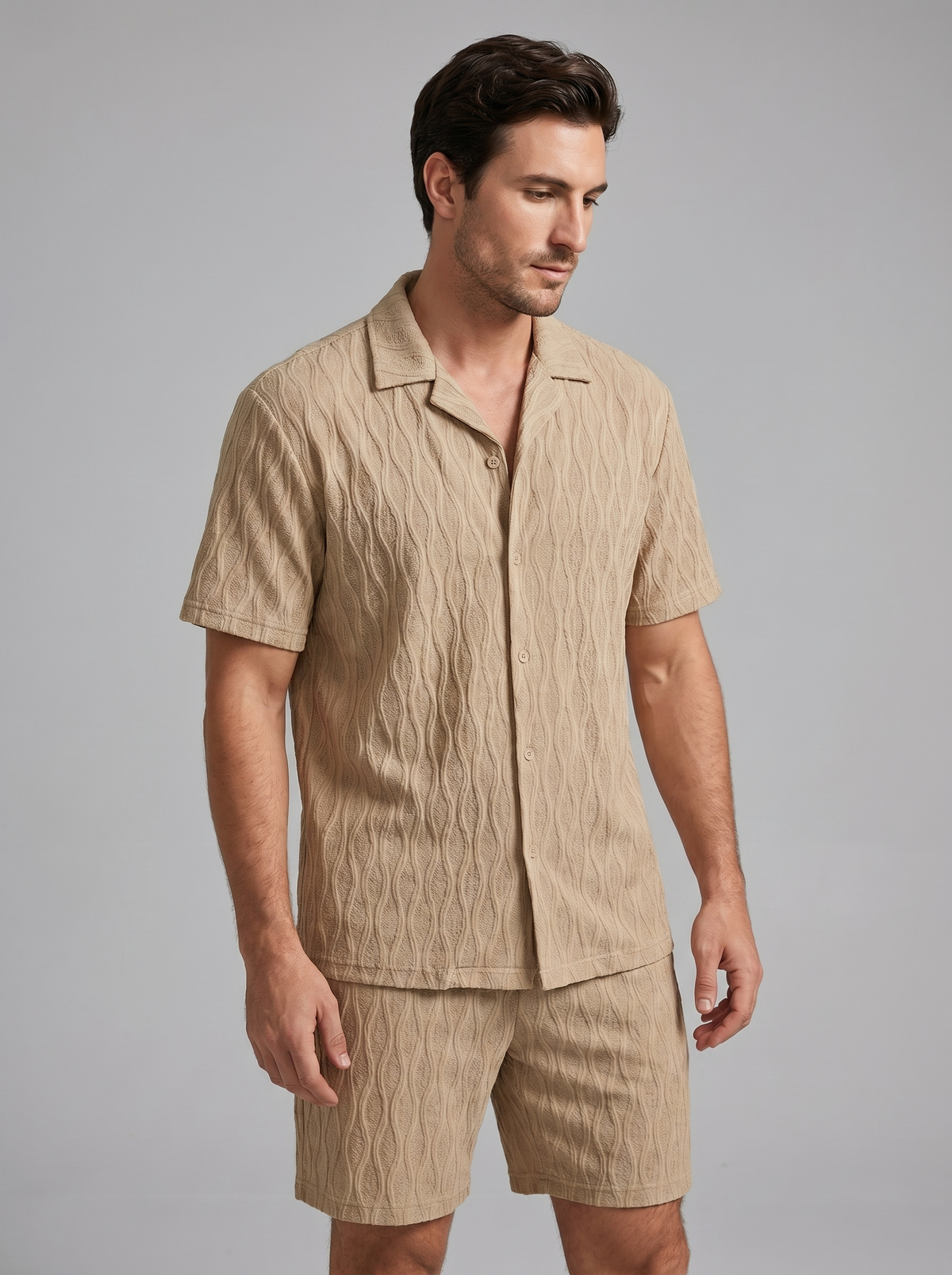 Herenpak Camp Shirt Shorts Jacquard Wave Zomer