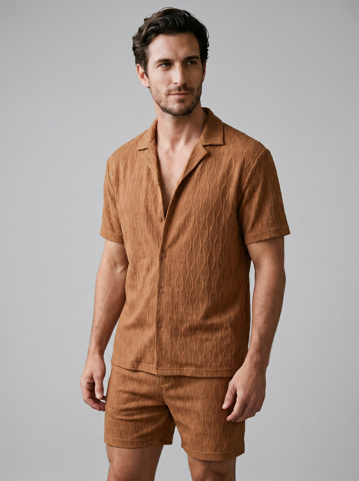Herenpak Camp Shirt Shorts Jacquard Wave Zomer