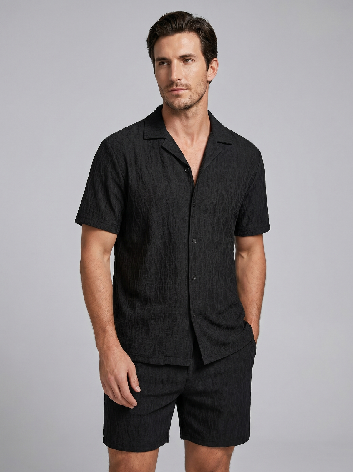 Herenpak Camp Shirt Shorts Jacquard Wave Zomer