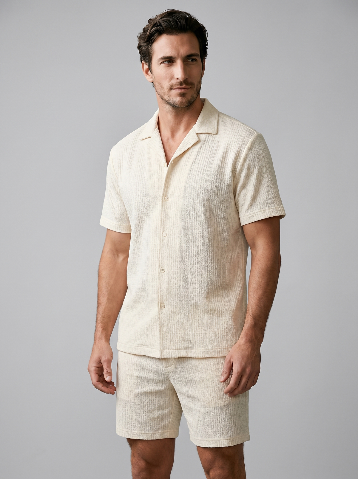 Herenpak Camp Shirt Shorts Jacquard Wave Zomer